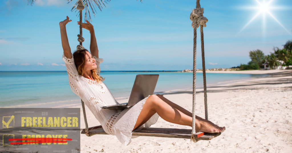 freelancer with laptop on a swing at a beautiful white beach