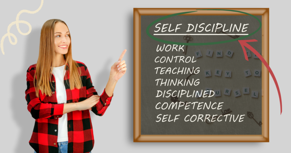 Female freelancer wearing red and black long-sleeve polo, identifying values towards self-discipline.