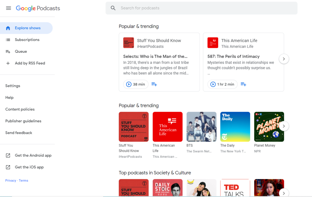 Landing page of Google Podcasts showing Popular & Trending shows