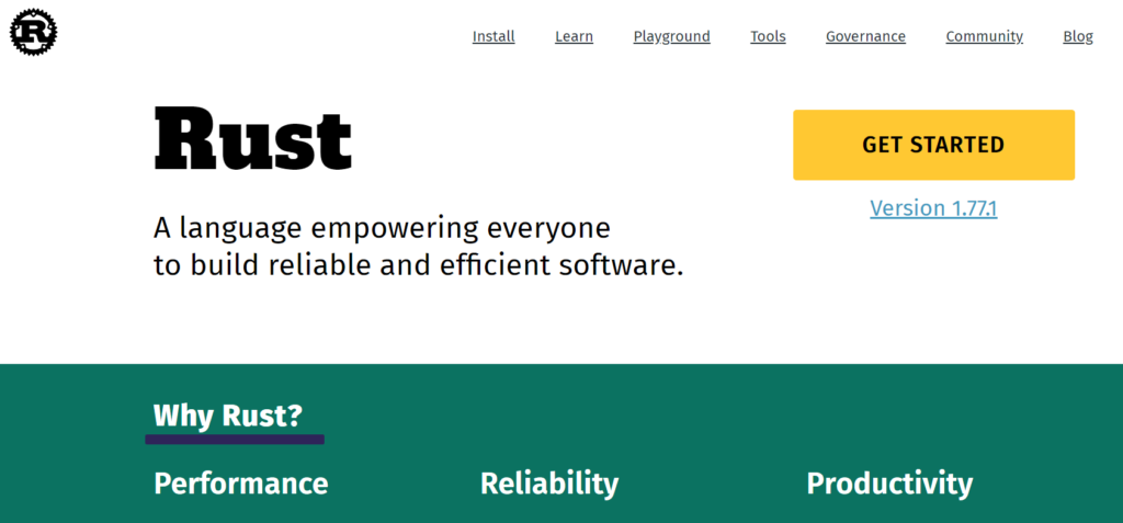 Rust page with Get Started button on the left and Version 1.77.1