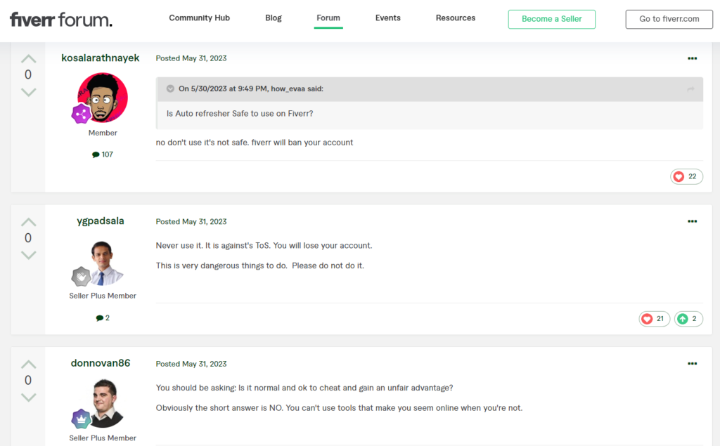 Fiverr freelancers responding to a community member inquiry