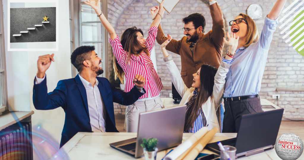 Businessman celebrating business benefits of hiring freelancers.